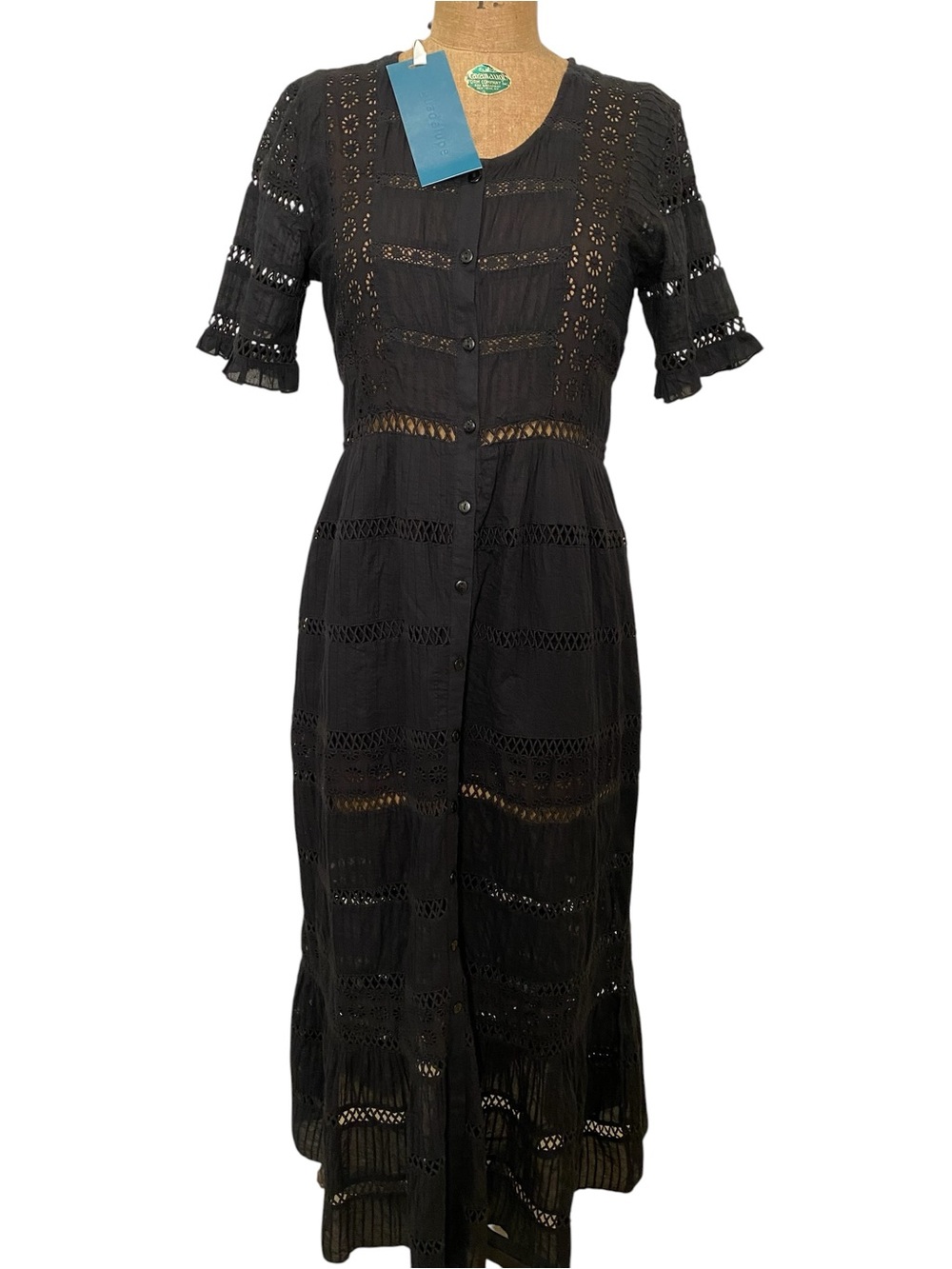 Black Guadalupe Eyelet Button-Front Maxi Dress with Ruffle Sleeves